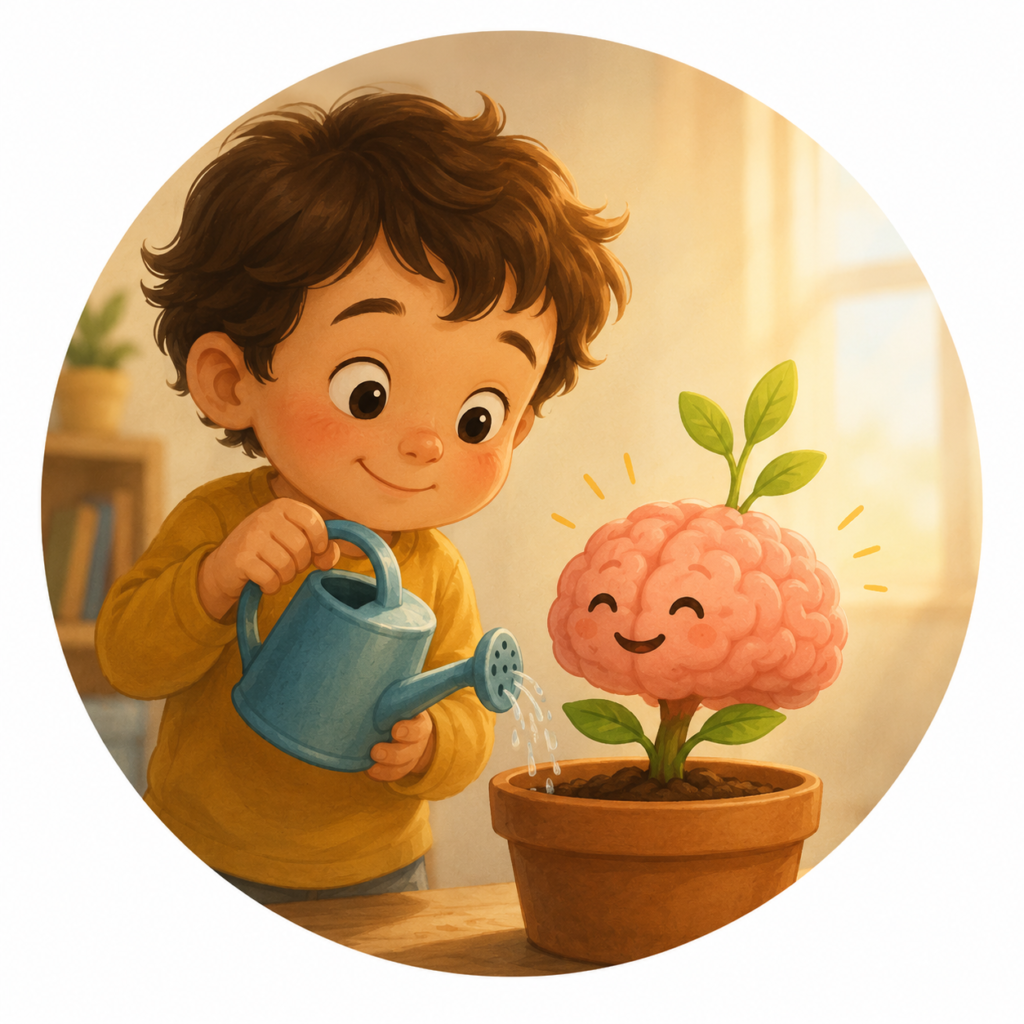 Image ronde Enfant qui arrose une plante en forme de cerveau