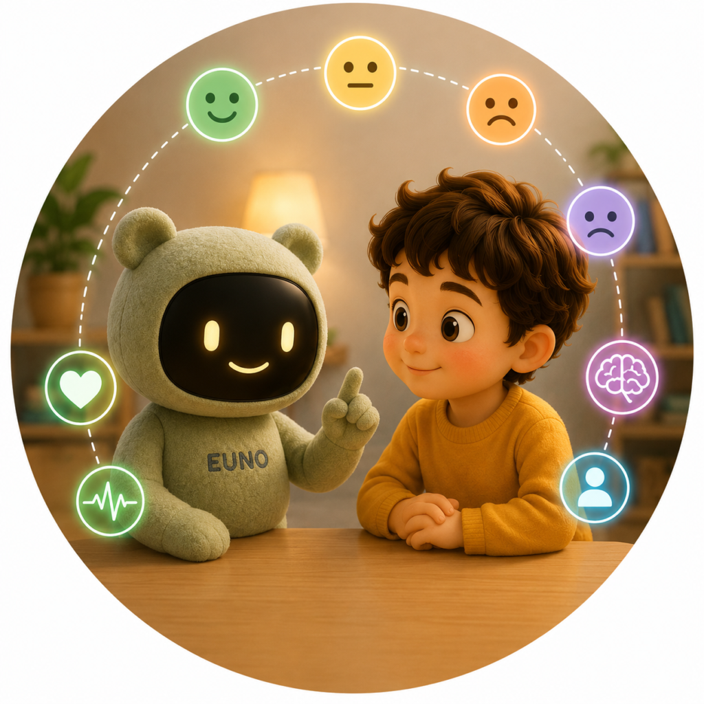 Robot compagnon Euno échange avec un enfant et l’accompagne dans la gestion de ses émotions