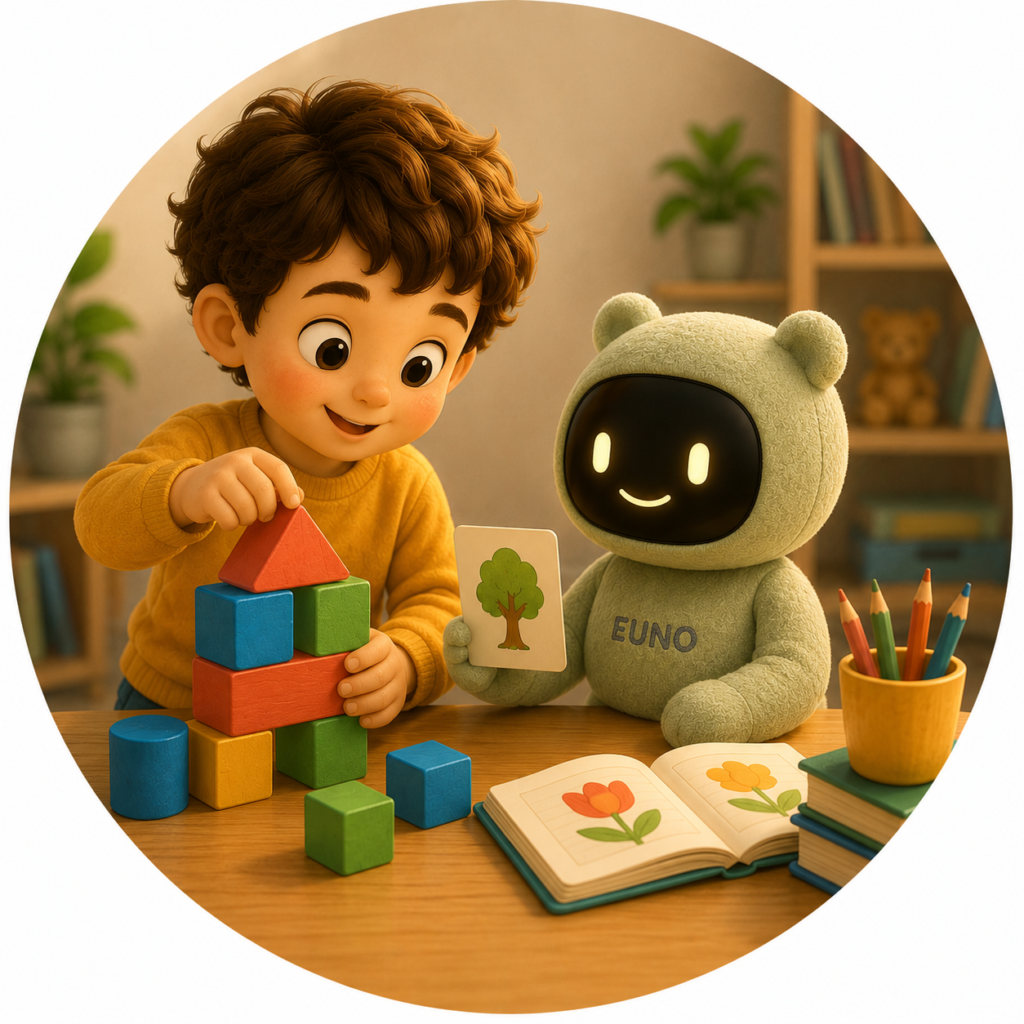 Enfant jouant avec le robot compagnon Euno grâce à des jeux éducatif